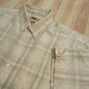 South Pole Shirt Mens XXL Short Sleeve Button Up Plaid Polyester Rayon Beige